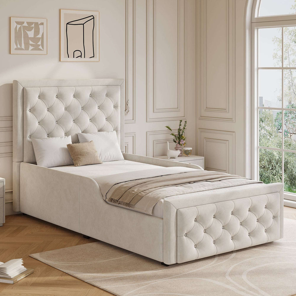 Children's Single Bed | Velvet Upholstered Headboard & Hydraulic Storage | 3ft 90x190cm | Beige | Premium Home Decor | OFIA HOME
