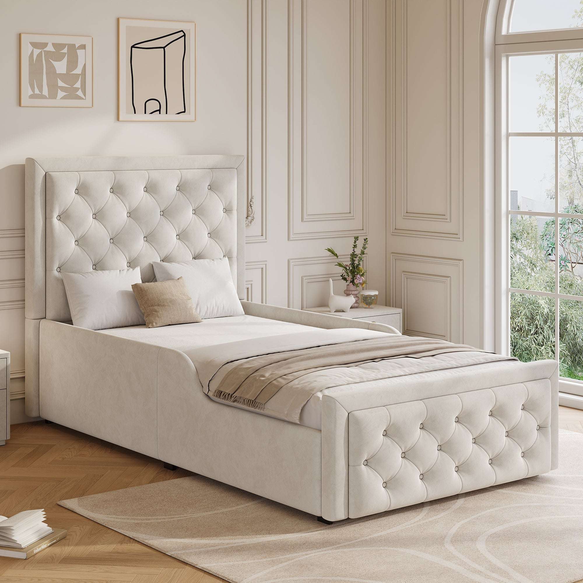 Children's Single Bed | Velvet Upholstered Headboard & Hydraulic Storage | 3ft 90x190cm | Beige | Premium Home Decor | OFIA HOME