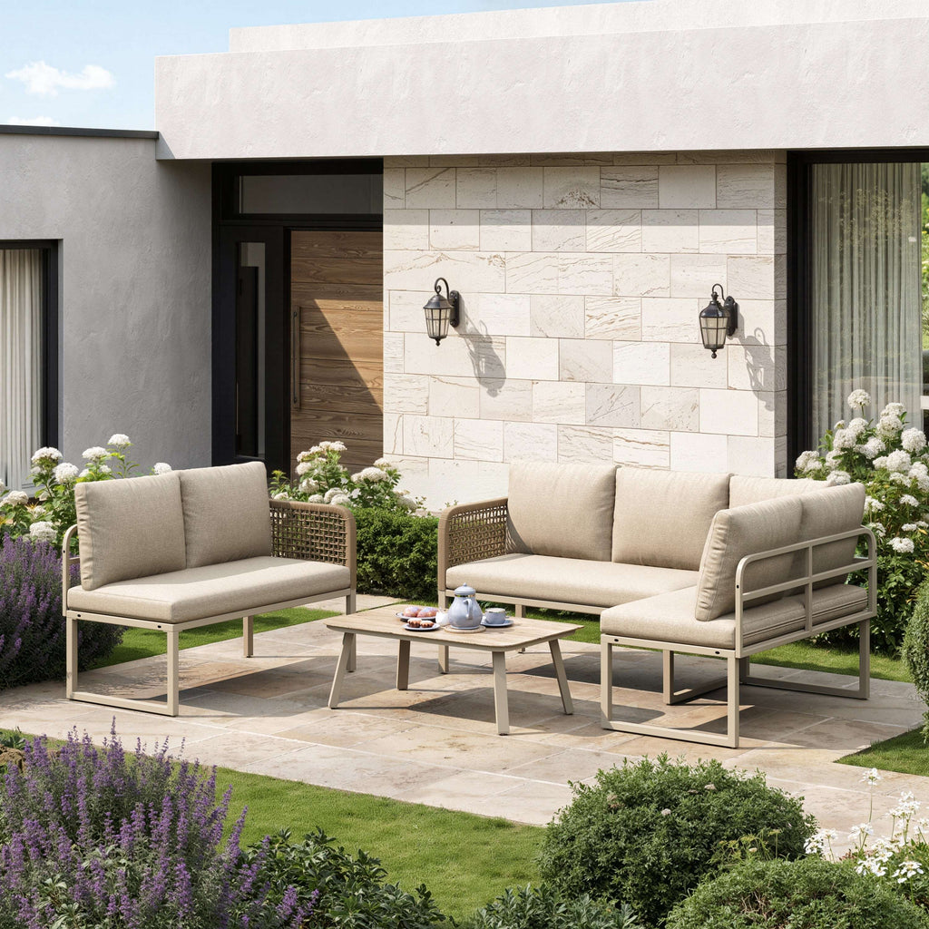 Beige L-Shaped Garden Sofa Set | 5-6 Seater | Rope Weave & Glass Table | OFIA HOME | Premium Home Decor | OFIA HOME