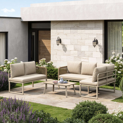 Beige L-Shaped Garden Sofa Set | 5-6 Seater | Rope Weave & Glass Table | OFIA HOME | Premium Home Decor | OFIA HOME