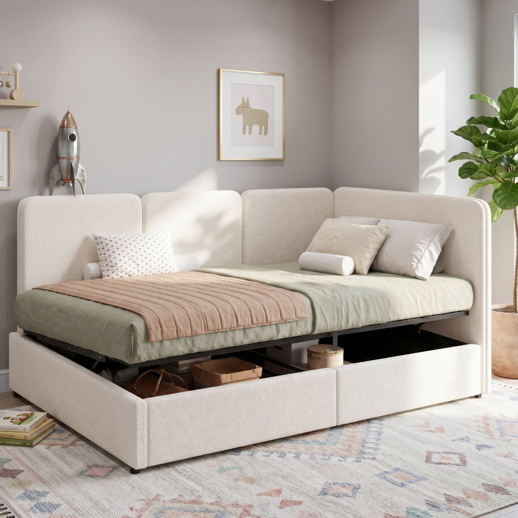 Beige Bouclé Single Ottoman Daybed with Storage | 3ft Chaise | Premium Home Decor | OFIA HOME