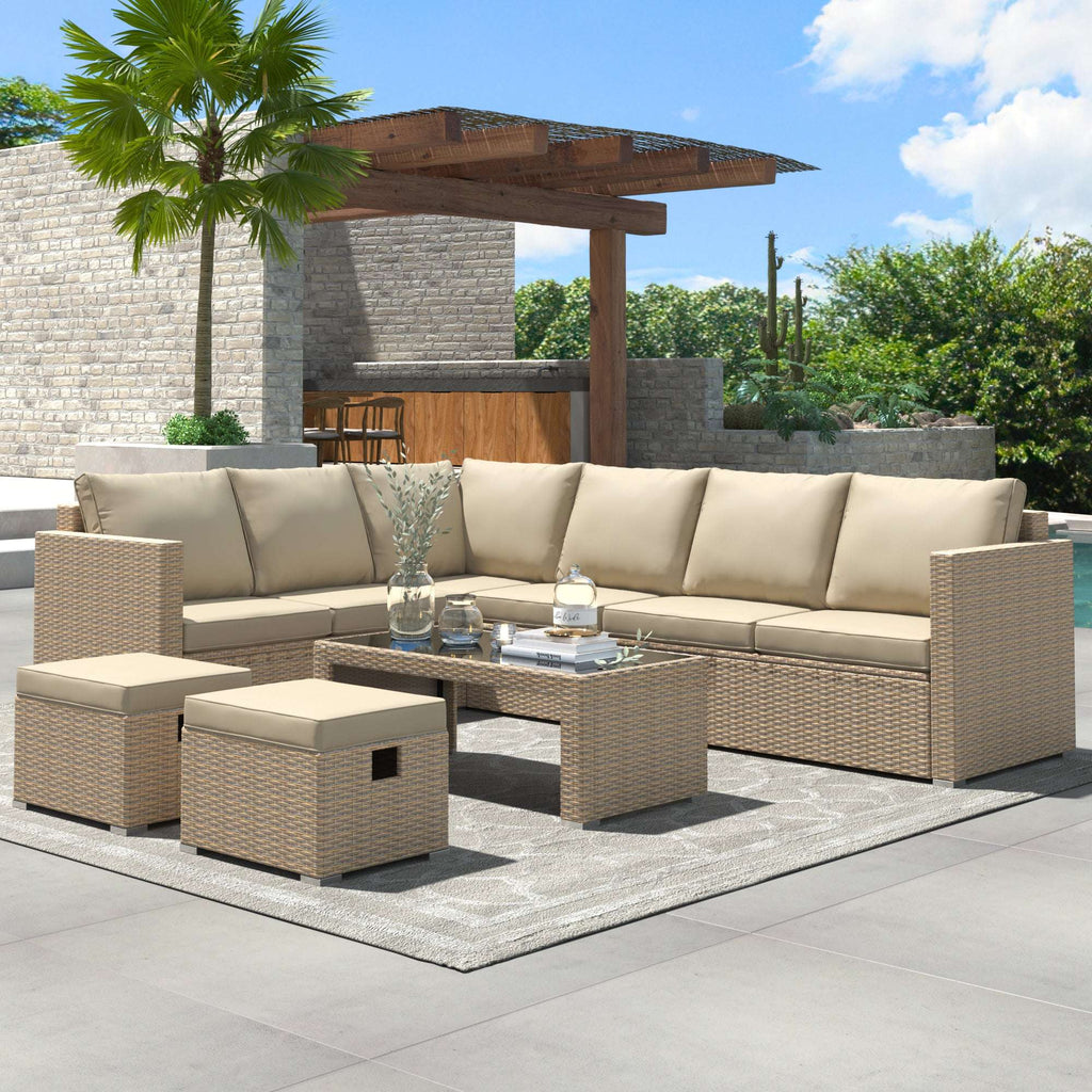 Khaki Rattan Corner Garden Sofa Set with Coffee Table & Stools | Premium Home Decor | OFIA HOME