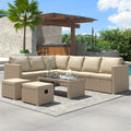 Khaki Rattan Corner Garden Sofa Set with Coffee Table & Stools | Premium Home Decor | OFIA HOME