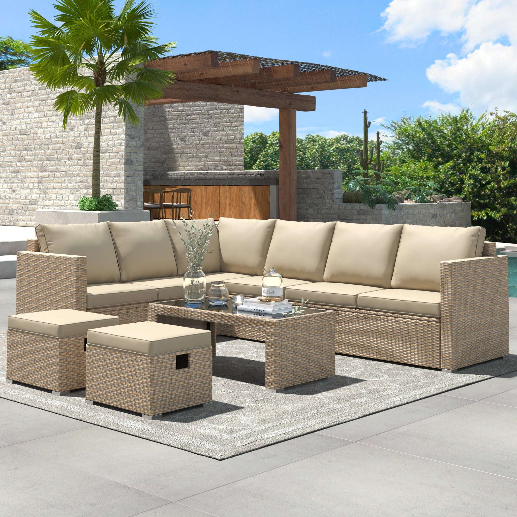 Khaki Rattan Corner Garden Sofa Set with Coffee Table & Stools | Premium Home Decor | OFIA HOME