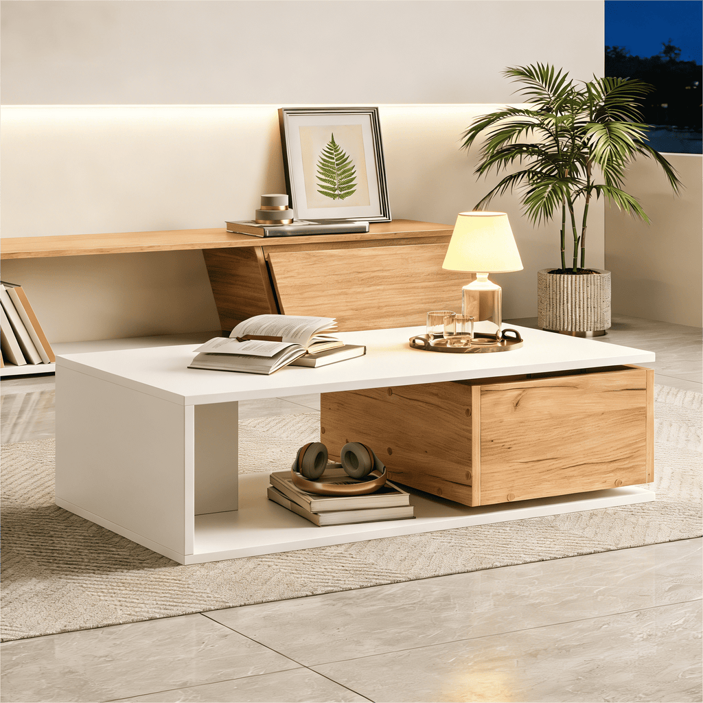 White High Gloss Coffee Table with 360° Rotating Drawer | 90x50cm | Premium Home Decor | OFIA HOME