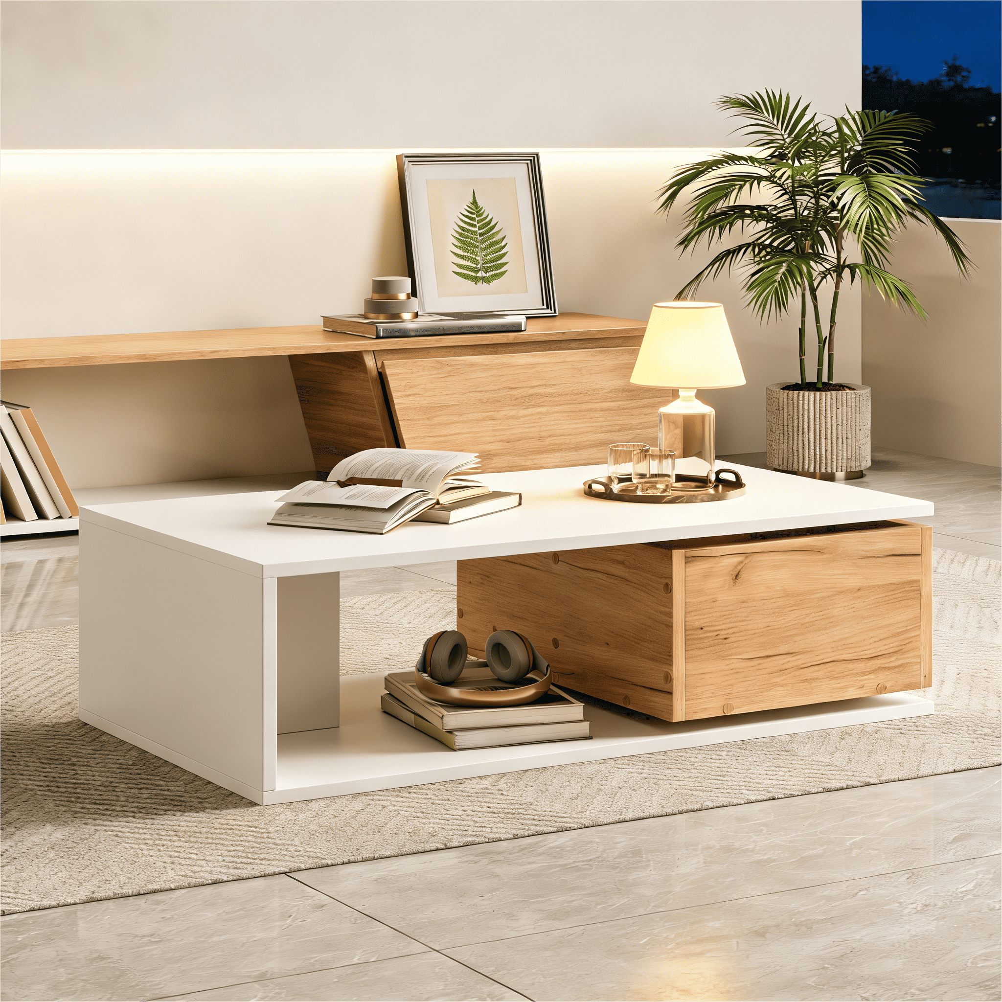 White High Gloss Coffee Table with 360° Rotating Drawer | 90x50cm | Premium Home Decor | OFIA HOME