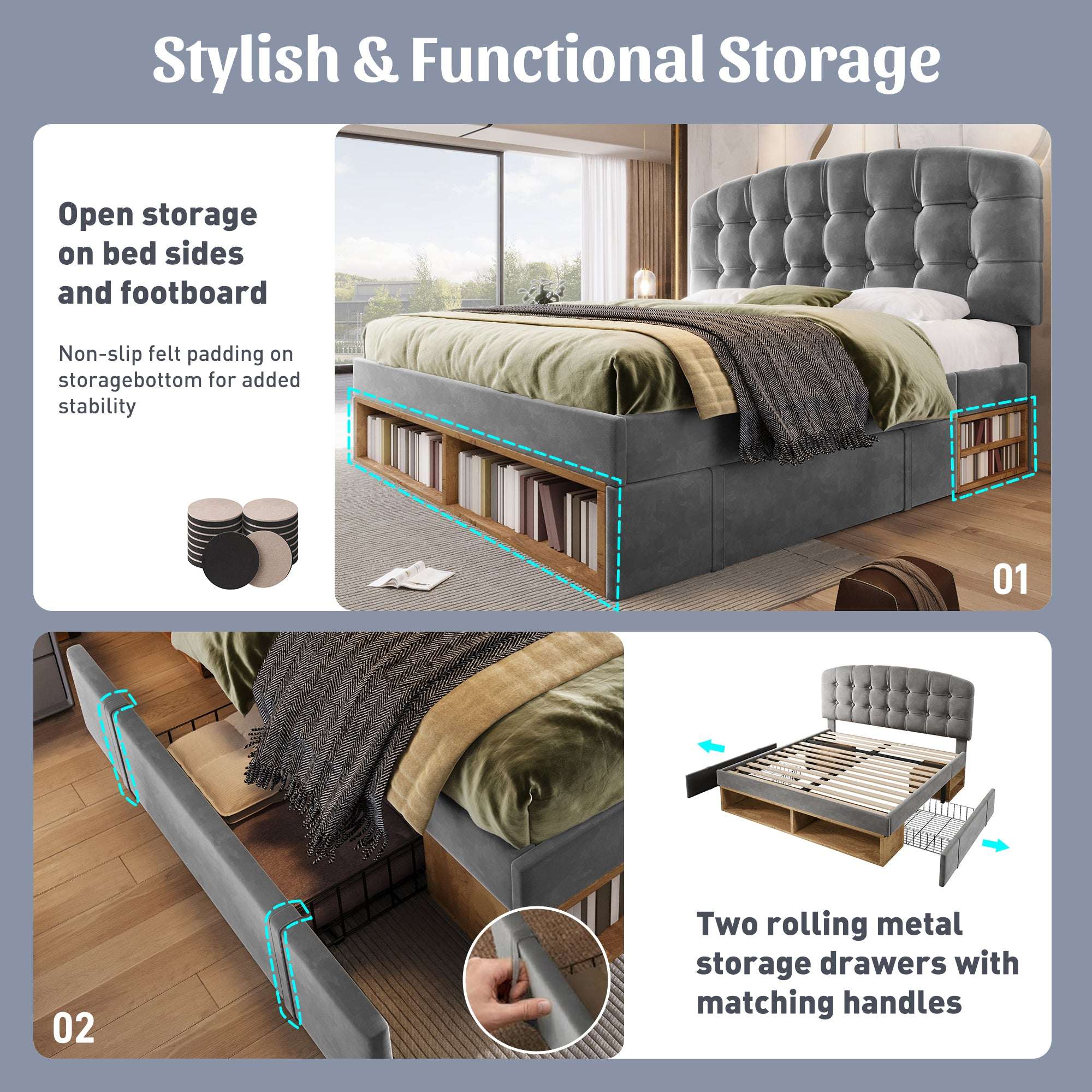 Grey Velvet King Bed | Storage Drawers & Adjustable Headboard | 5ft | Premium Home Decor | OFIA HOME