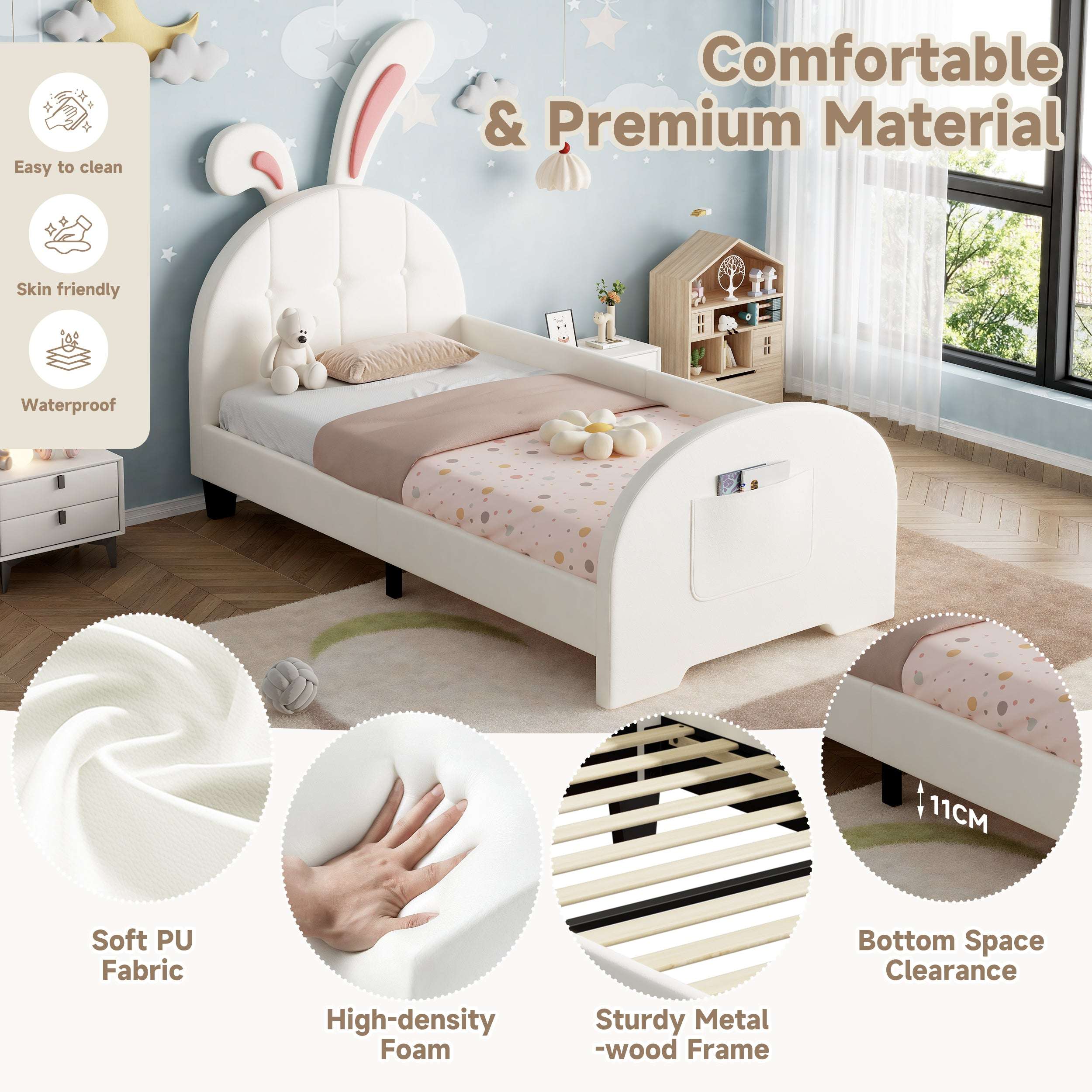 Cream Rabbit Single Bed | Bunny Ear Headboard & Footboard Pocket | Premium Home Decor | OFIA HOME