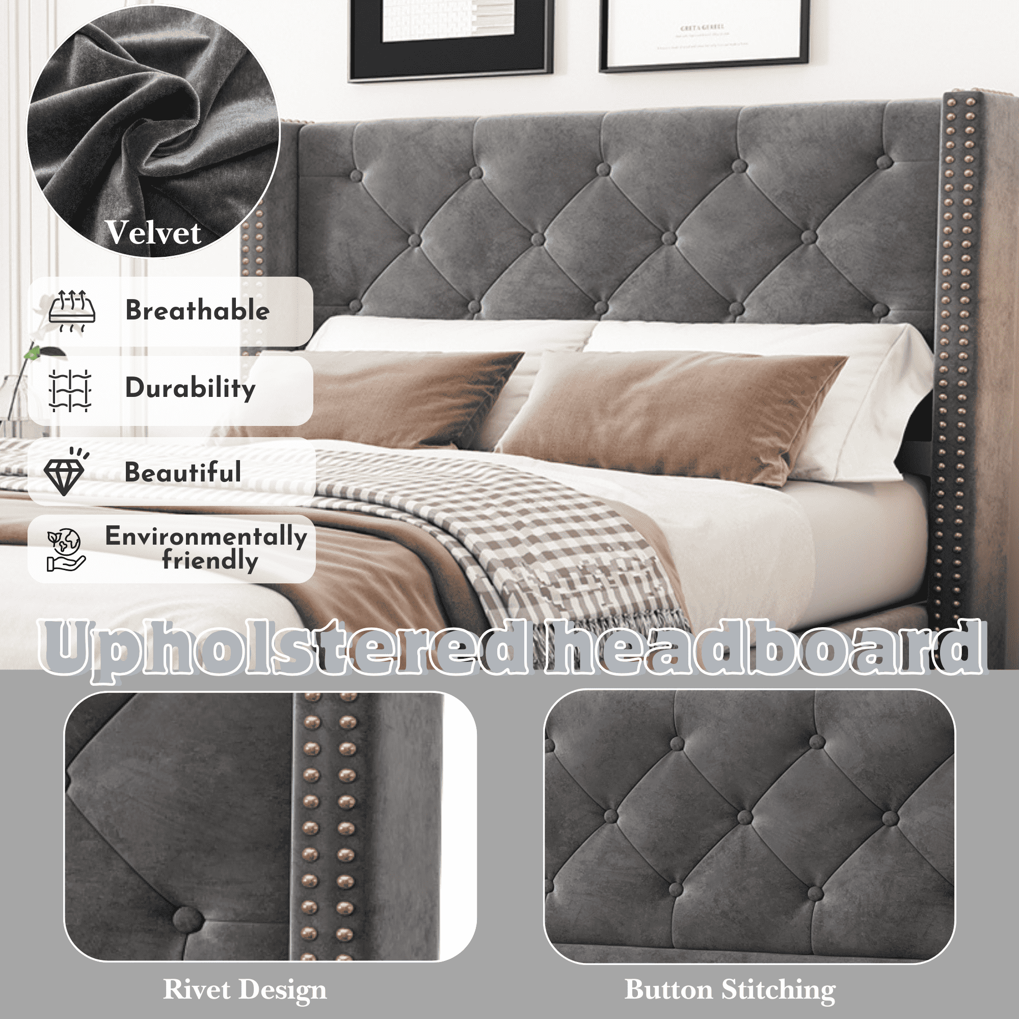Grey Velvet Single Bed | Button & Rivet Headboard | Wooden Legs | Premium Home Decor | OFIA HOME