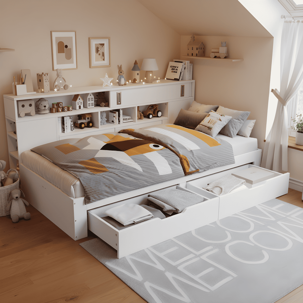 White Storage Daybed | Double Sofa Bed with Drawers & Shelves | 4ft6 | Premium Home Decor | OFIA HOME