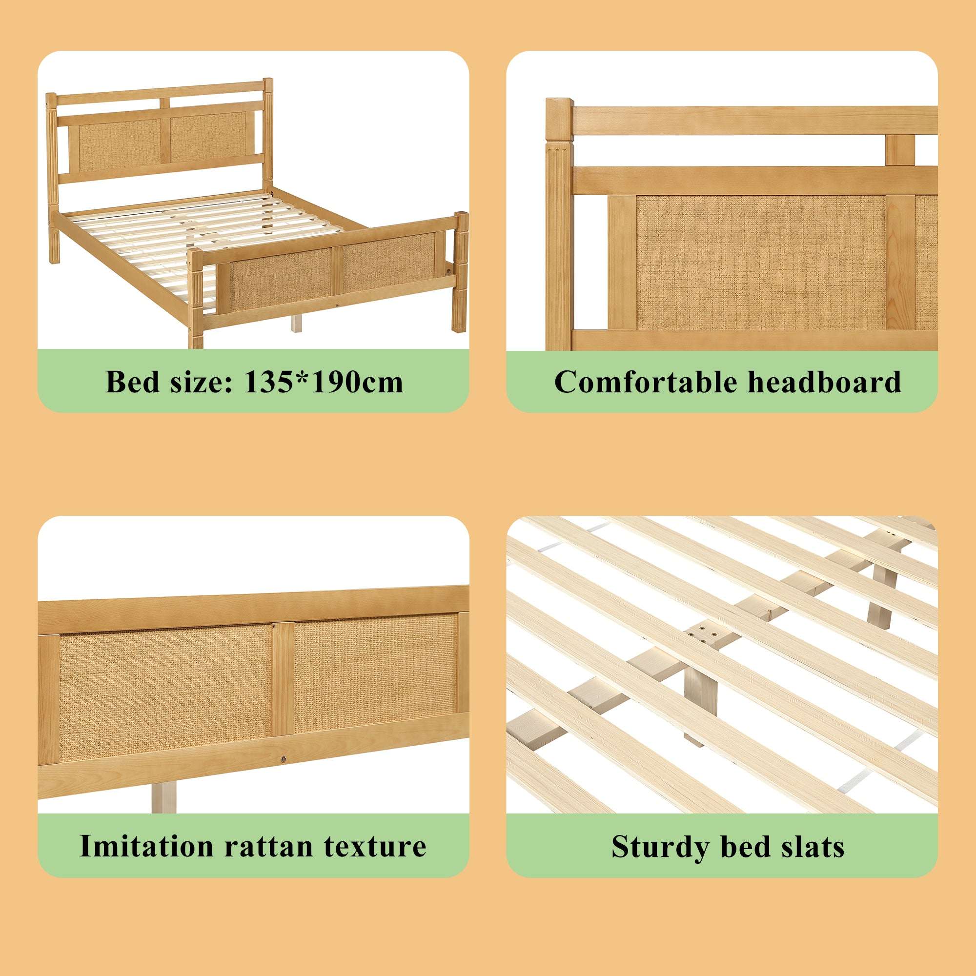 Rattan Wood Double Bed Frame — Natural | Premium Home Decor | OFIA HOME