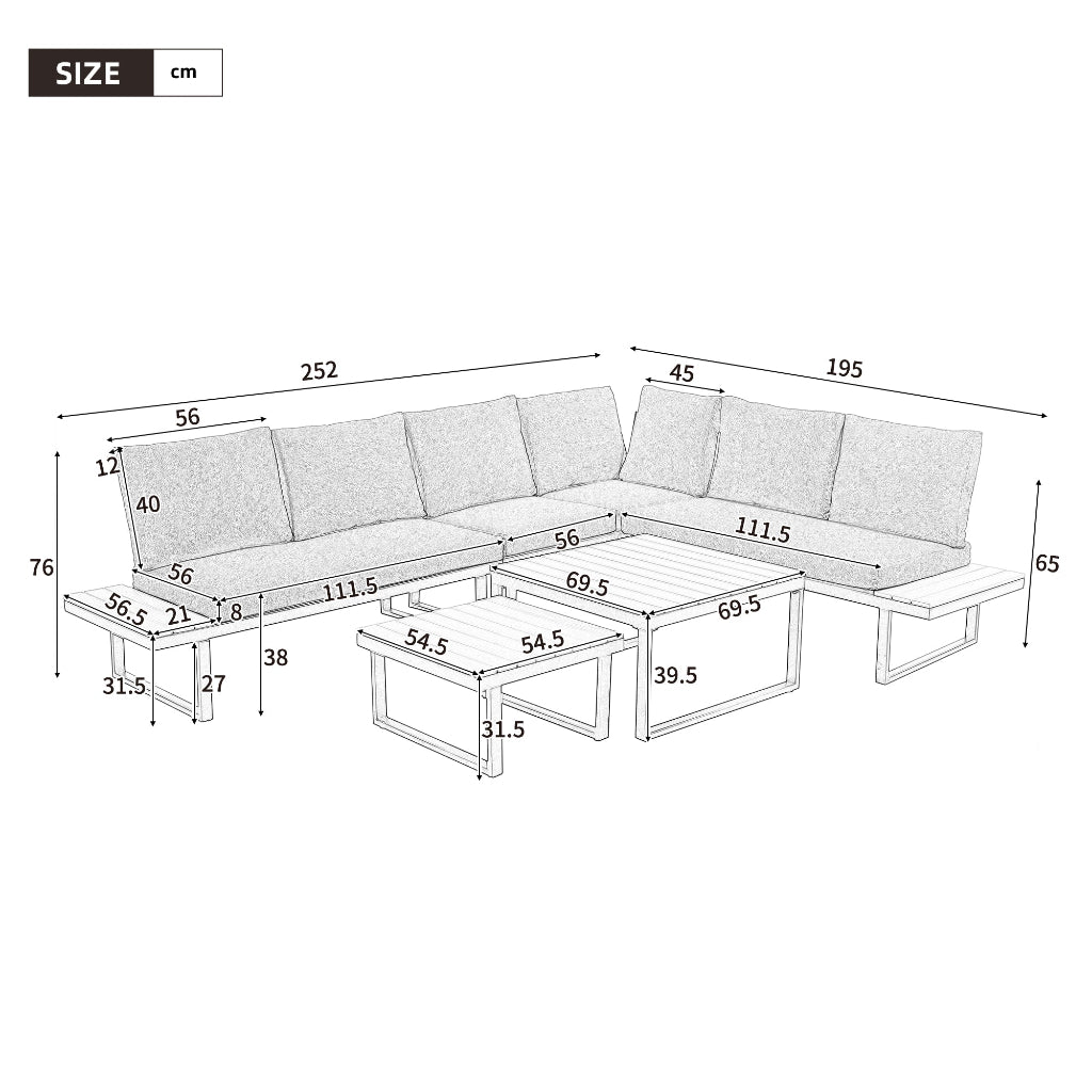 5-6 Seater Reclining Garden Lounge Set | 6-Piece Galvanized Steel Patio Furniture | Beige & Khaki | 2 WPC Tables | Premium Home Decor | OFIA HOME