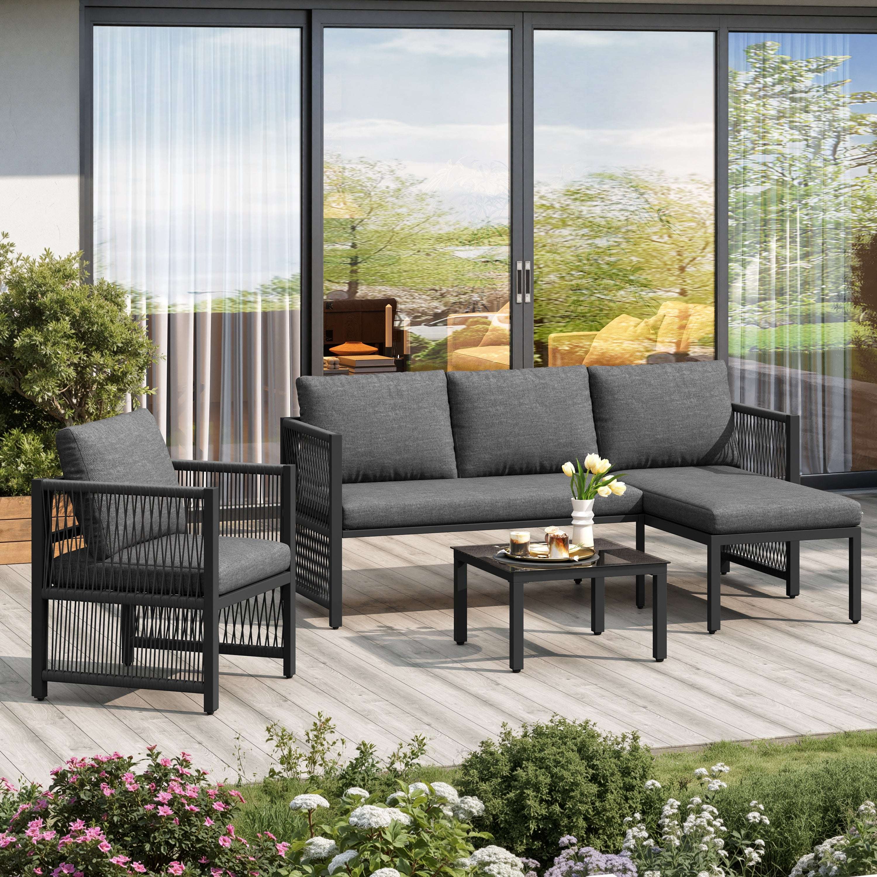 Grey 4-5 Seater Modular Patio Sofa Set | Polyester Rope, Tempered Glass Table & Weatherproof Cushions | Premium Home Decor | OFIA HOME