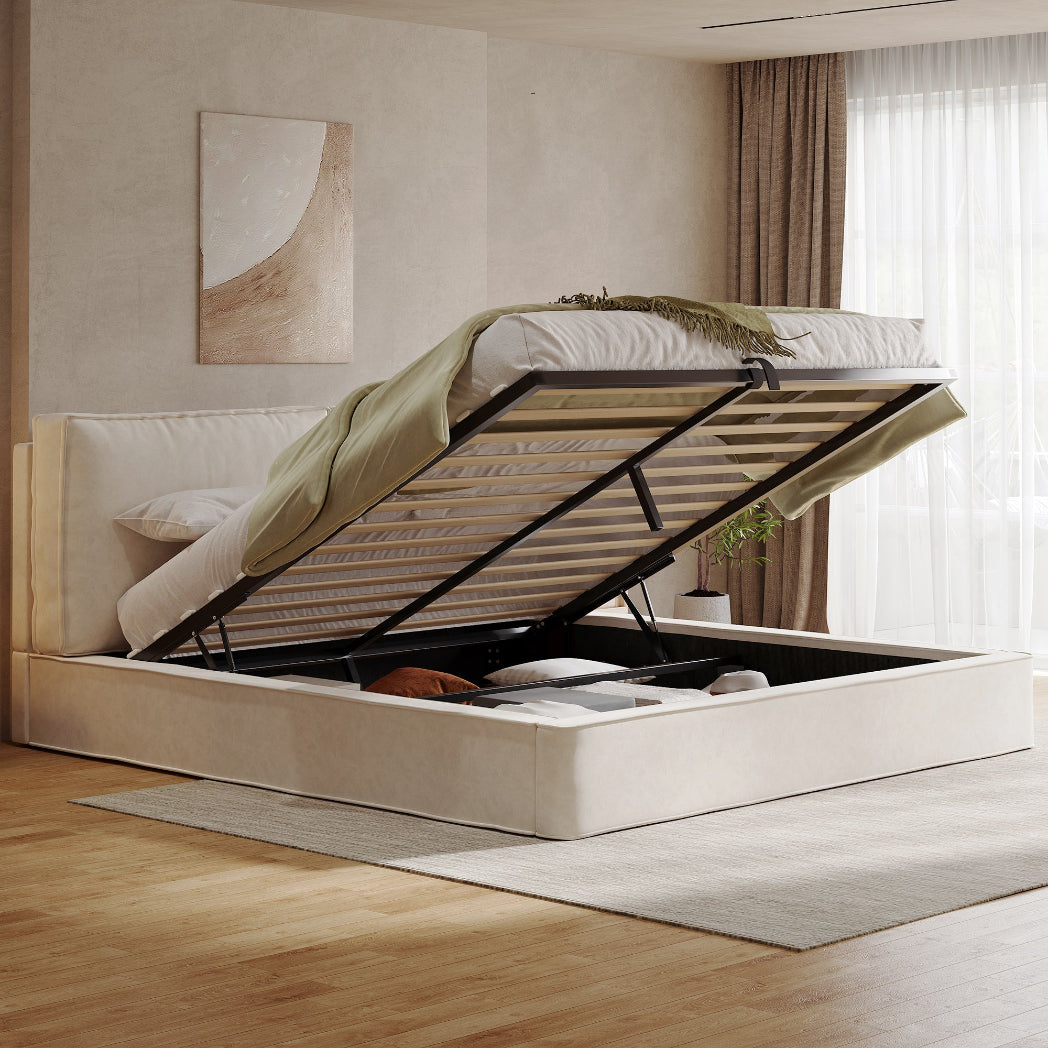 Beige Chenille Double Ottoman Bed | 4ft6 Hydraulic Storage & Padded Headboard | Premium Home Decor | OFIA HOME