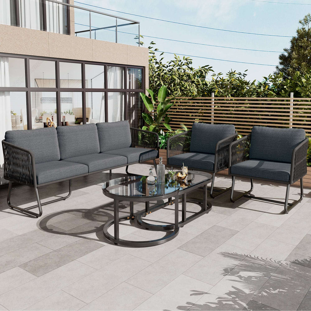 5-Seat Garden Lounge Set with Glass Coffee Table | Grey | Thick Cushions | Premium Home Decor | OFIA HOME