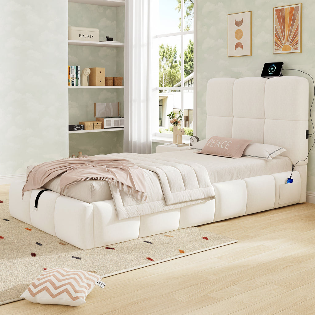 Beige Velvet Children's Storage Bed | 3ft Single with Hydraulic Lift & USB Headboard | Premium Home Decor | OFIA HOME
