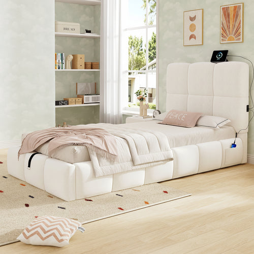 Beige Velvet Children's Storage Bed | 3ft Single with Hydraulic Lift & USB Headboard | Premium Home Decor | OFIA HOME