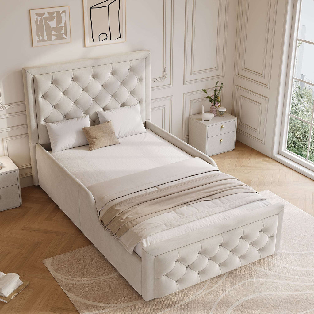 Children's Single Bed | Velvet Upholstered Headboard & Hydraulic Storage | 3ft 90x190cm | Beige | Premium Home Decor | OFIA HOME