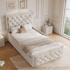Children's Single Bed | Velvet Upholstered Headboard & Hydraulic Storage | 3ft 90x190cm | Beige | Premium Home Decor | OFIA HOME