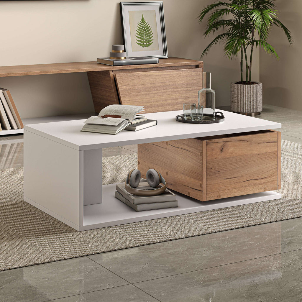 White High Gloss Coffee Table with 360° Rotating Drawer | 90x50cm | Premium Home Decor | OFIA HOME