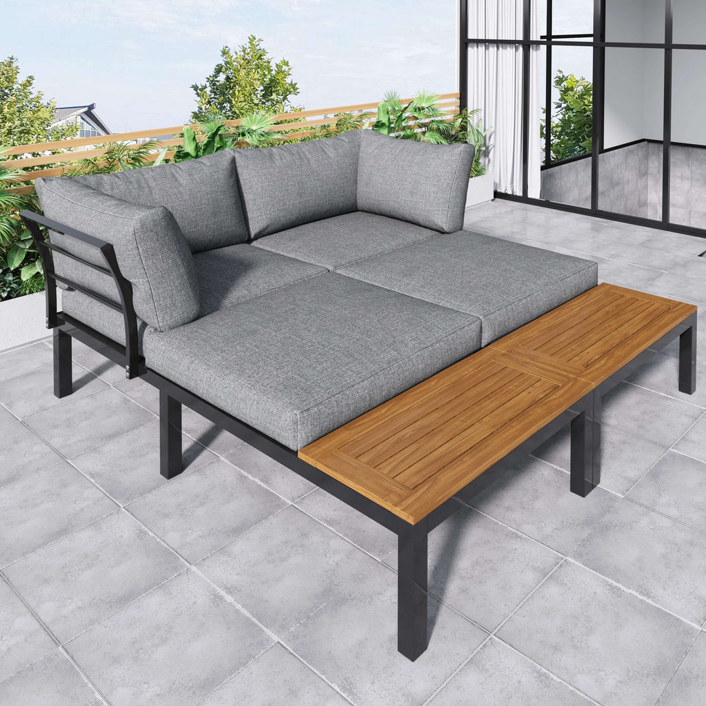 Grey L-Shaped Corner Garden Sofa Set for 4 | Thick Cushions, Wooden Table & Weather-Resistant Frame | Premium Home Decor | OFIA HOME