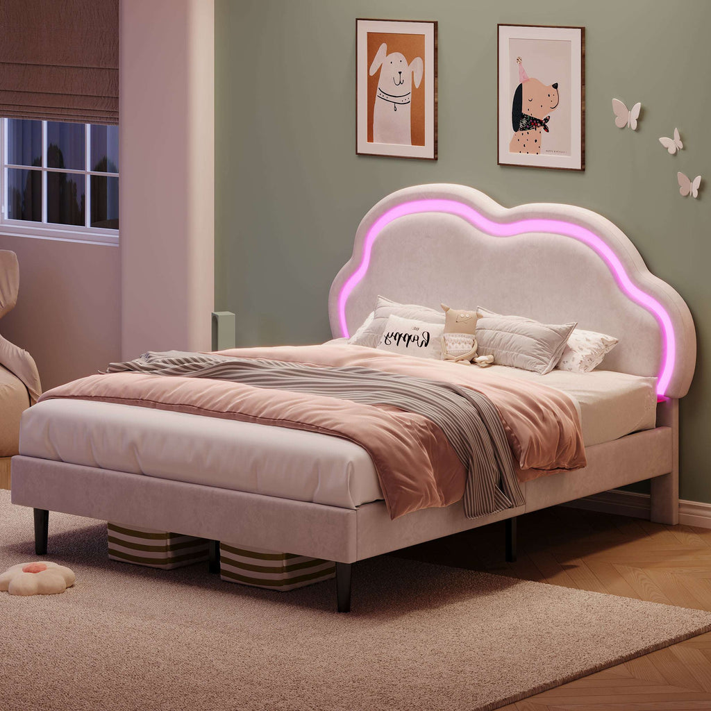 Children's Double Bed | LED Adjustable Cloud Headboard | Velvet | 4ft6 | Cream White | Premium Home Decor | OFIA HOME