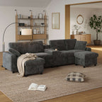 Grey Corduroy U-Shape Sectional Sofa | USB Charging | 4 Seater | Premium Home Decor | OFIA HOME