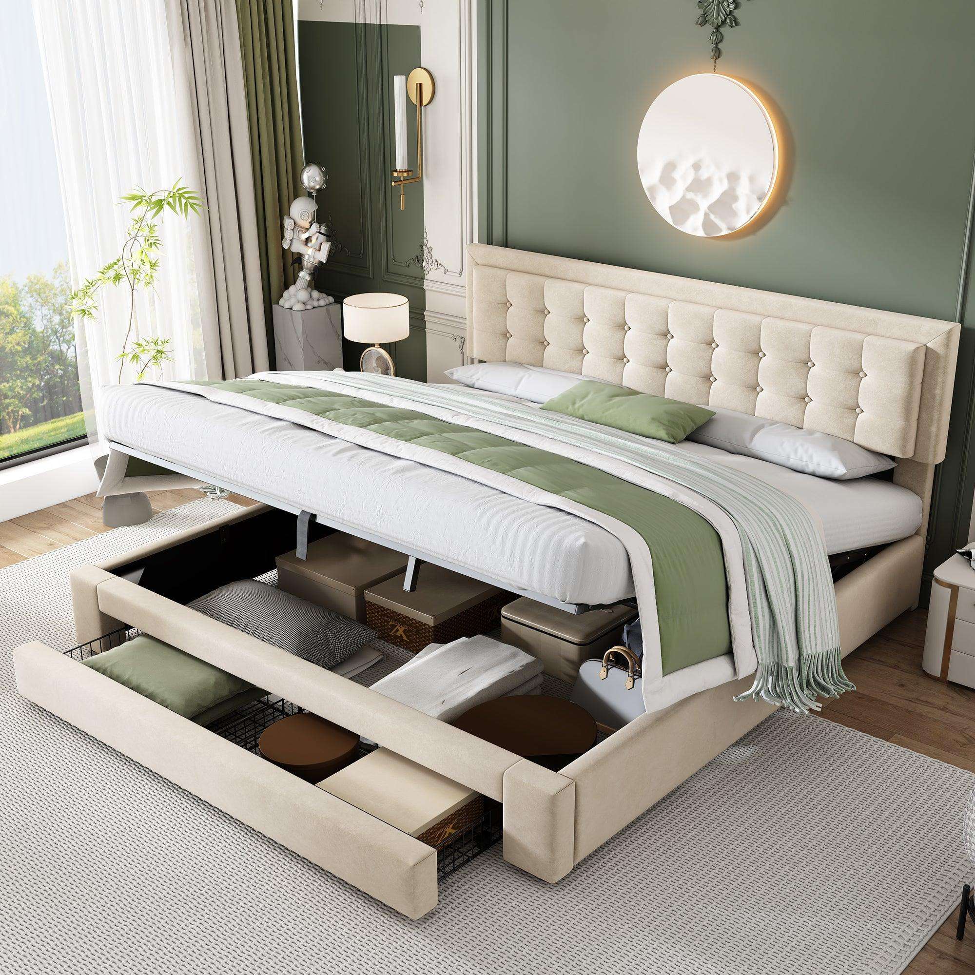 Cream Velvet Super King Storage Bed – Ottoman Storage, 180x200cm | Premium Home Decor | OFIA HOME