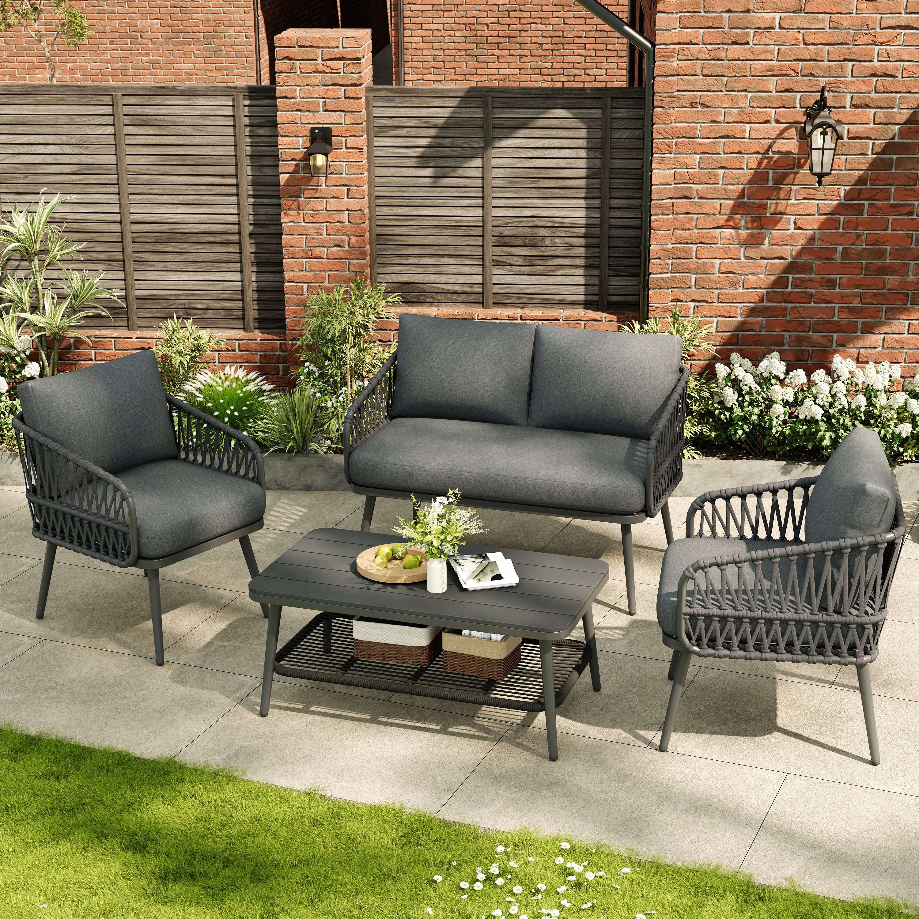 Grey 4-Seater Rope Weave Garden Lounge Set | All-Weather | Premium Home Decor | OFIA HOME