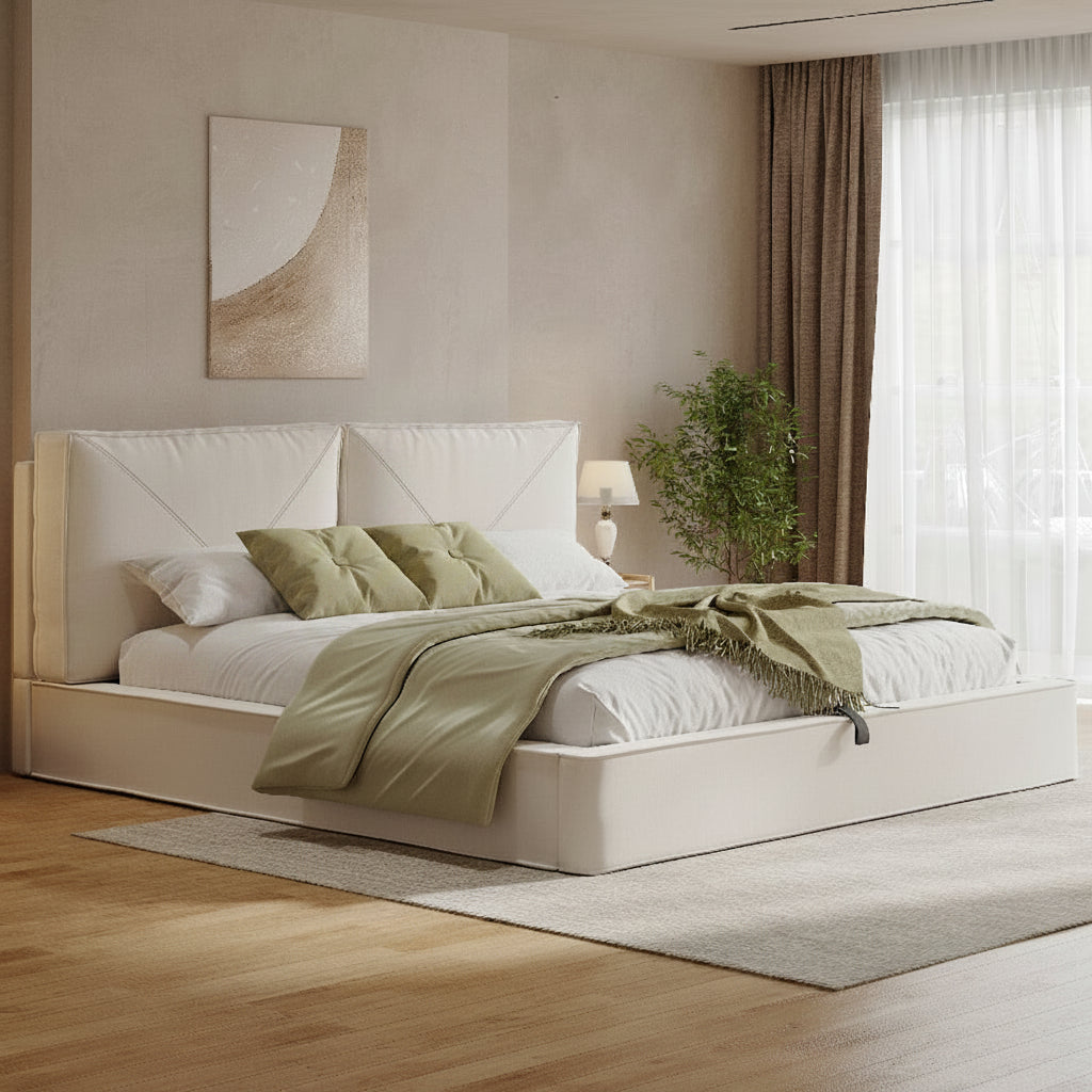 Beige Chenille Double Ottoman Bed | 4ft6 Hydraulic Storage & Padded Headboard | Premium Home Decor | OFIA HOME