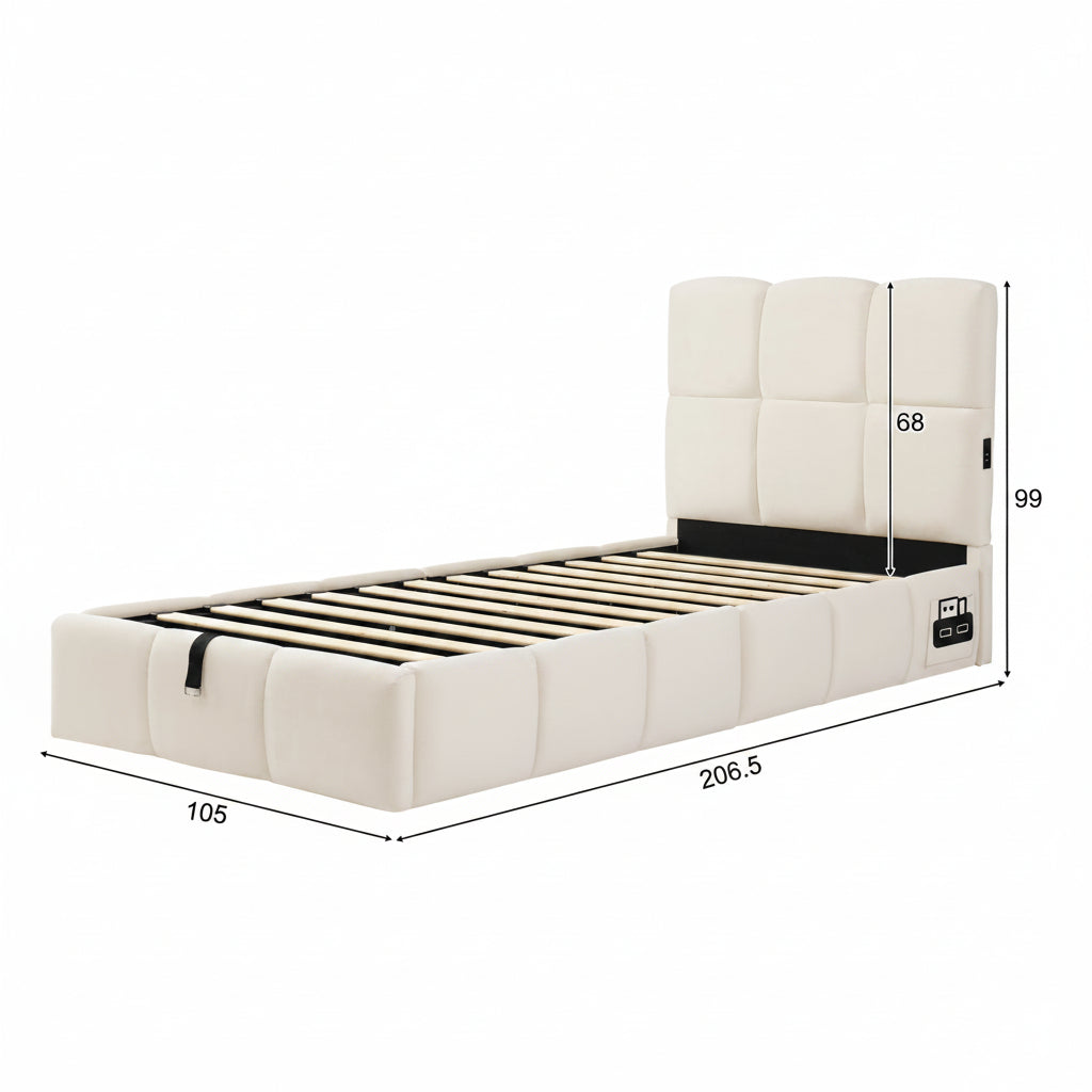 Beige Velvet Children's Storage Bed | 3ft Single with Hydraulic Lift & USB Headboard | Premium Home Decor | OFIA HOME