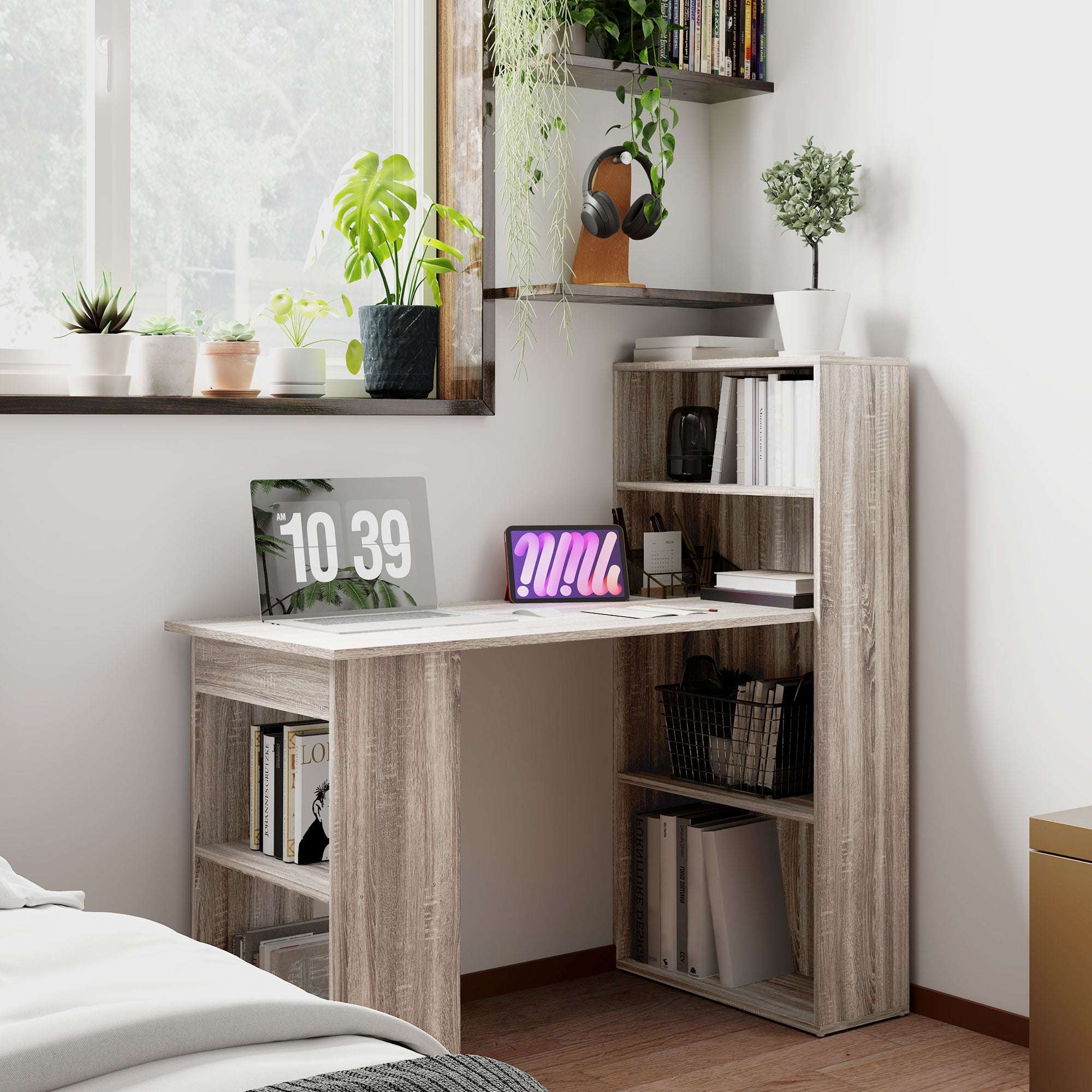 Grey Computer Desk with 6-Tier Bookshelf | 120cm Home Office Writing Workstation | Premium Home Decor | OFIA HOME