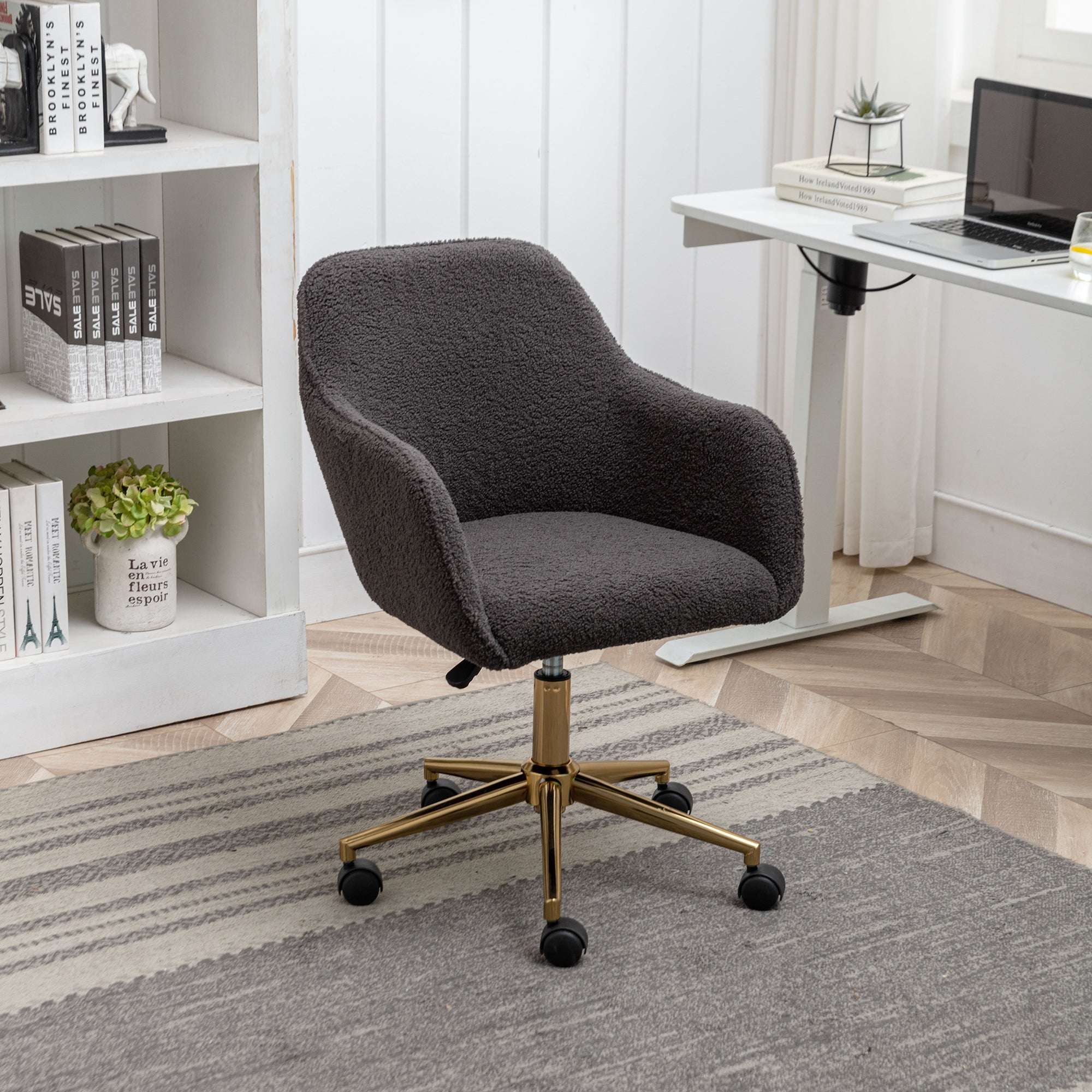 Dark Grey Teddy Fabric Swivel Office Chair | Gold Legs | Premium Home Decor | OFIA HOME