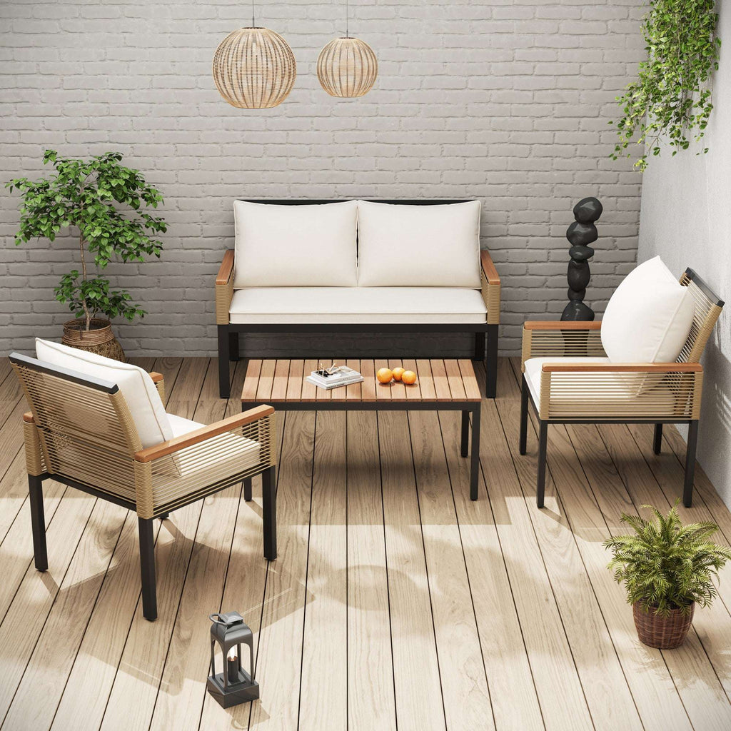 Beige Rattan Garden Lounge Set | Double Sofa, 2 Armchairs & Table | Cushions Included | Premium Home Decor | OFIA HOME