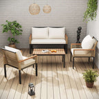 Beige Rattan Garden Lounge Set | Double Sofa, 2 Armchairs & Table | Cushions Included | Premium Home Decor | OFIA HOME