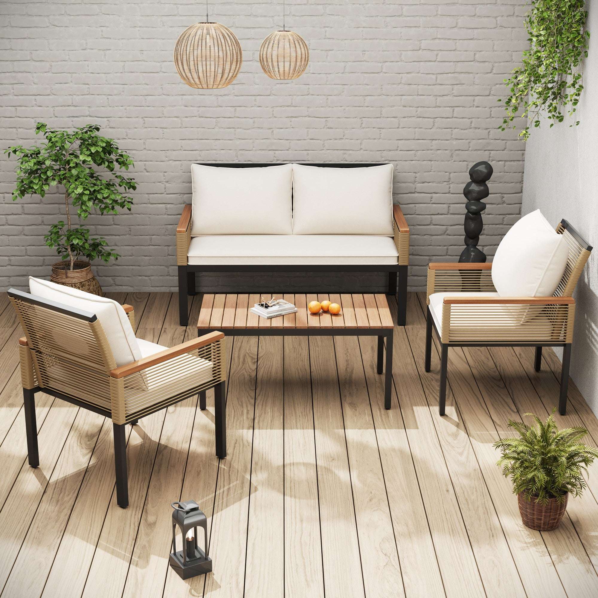 Beige Rattan Garden Lounge Set | Double Sofa, 2 Armchairs & Table | Cushions Included | Premium Home Decor | OFIA HOME