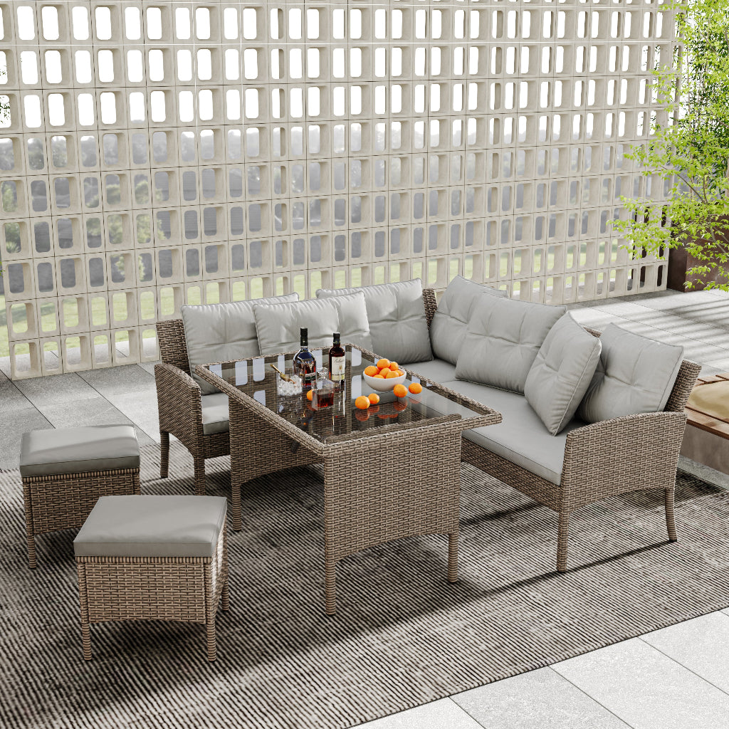 6-7 Seater Rattan Corner Garden Sofa Set | Khaki Wicker with Light Grey Cushions | Table & Stool Included | Premium Home Decor | OFIA HOME