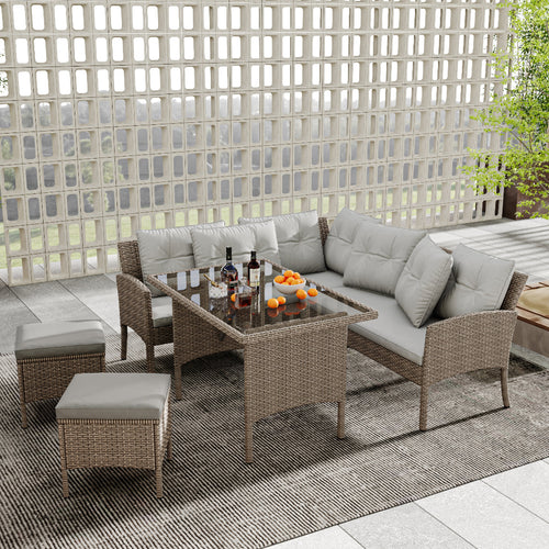 6-7 Seater Rattan Corner Garden Sofa Set | Khaki Wicker with Light Grey Cushions | Table & Stool Included | Premium Home Decor | OFIA HOME