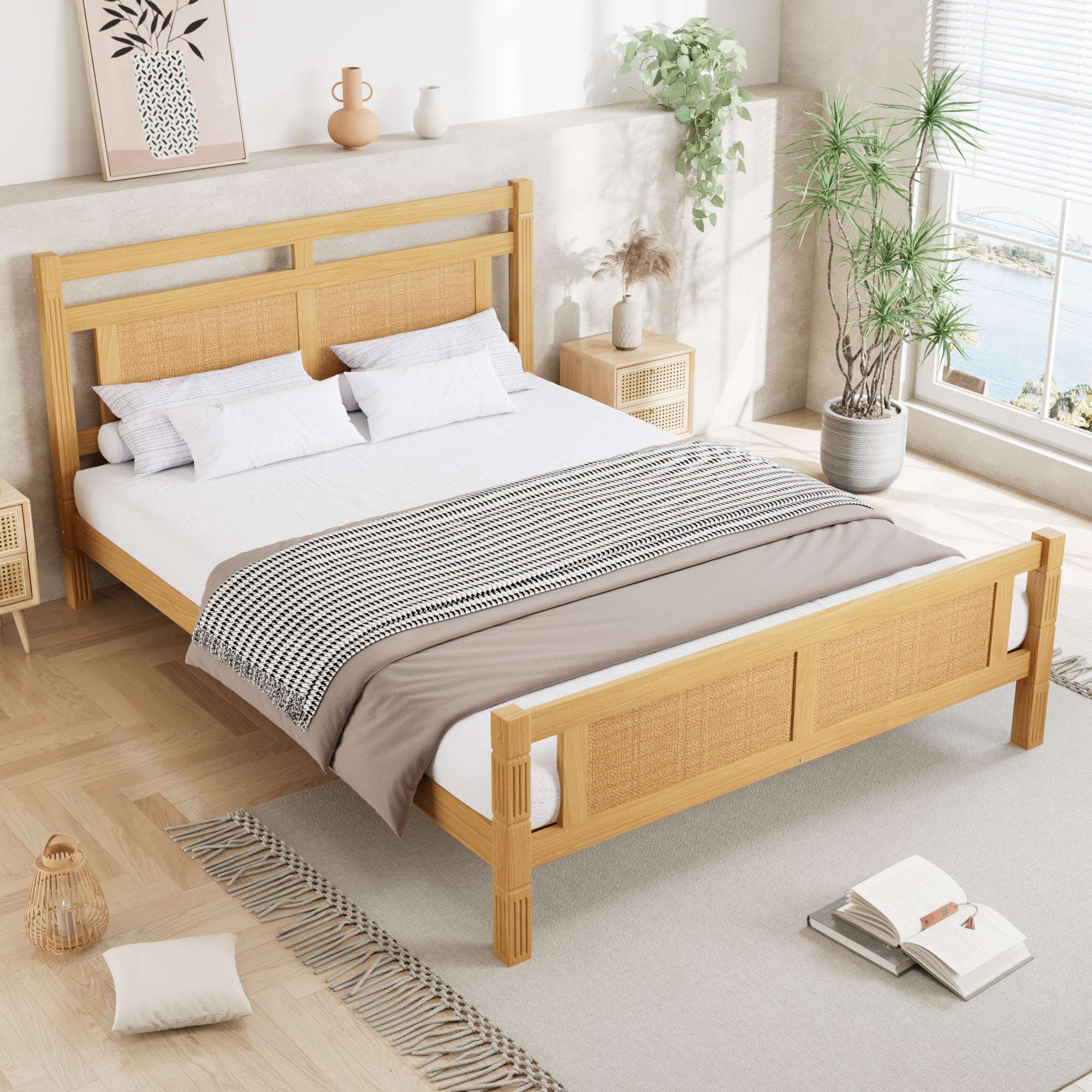 Rattan Wood Double Bed Frame — Natural | Premium Home Decor | OFIA HOME