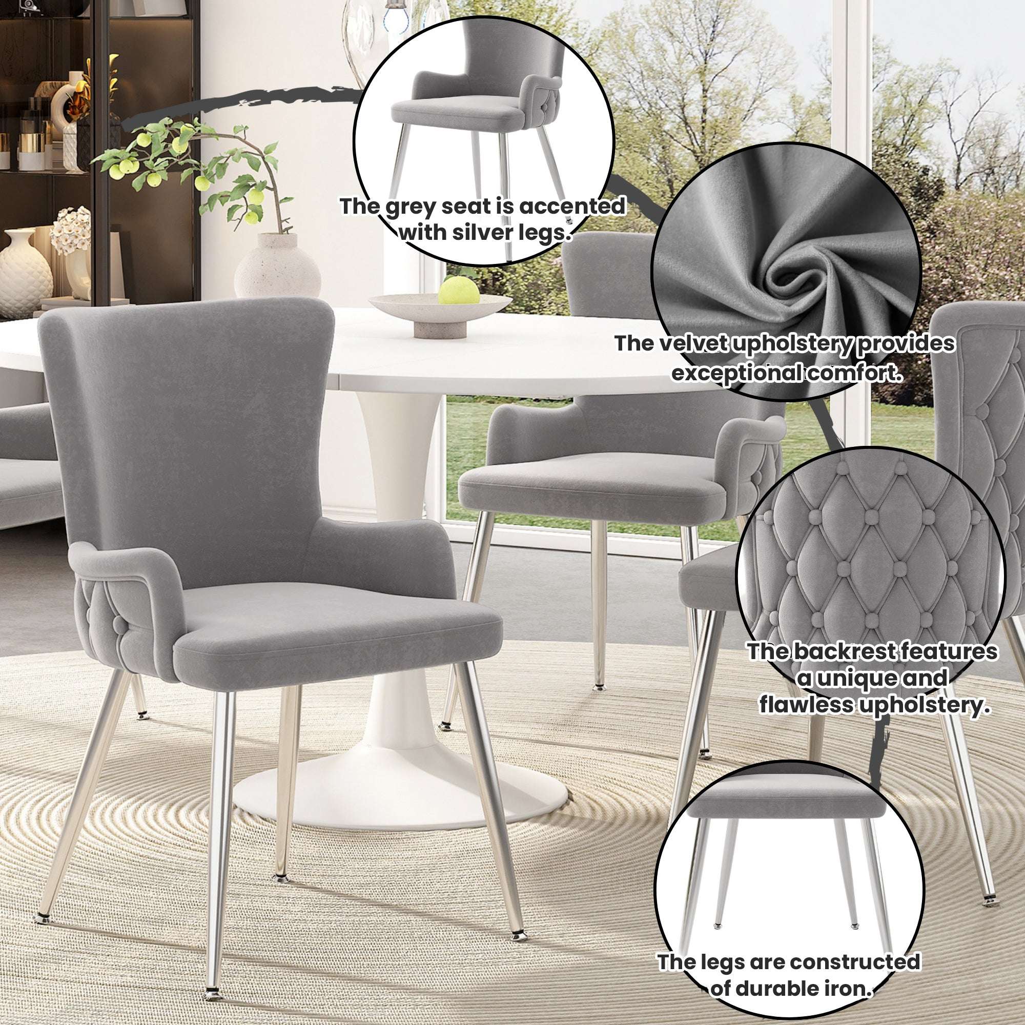 Grey Velvet Dining Chairs | Set of 2 | Silver Metal Legs | Living Room & Bedroom Lounge Chair | Premium Home Decor | OFIA HOME