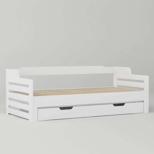 White Single Guest Sofa Bed – Pull-Out Trundle with Storage Drawer, 90x190cm | Premium Home Decor | OFIA HOME