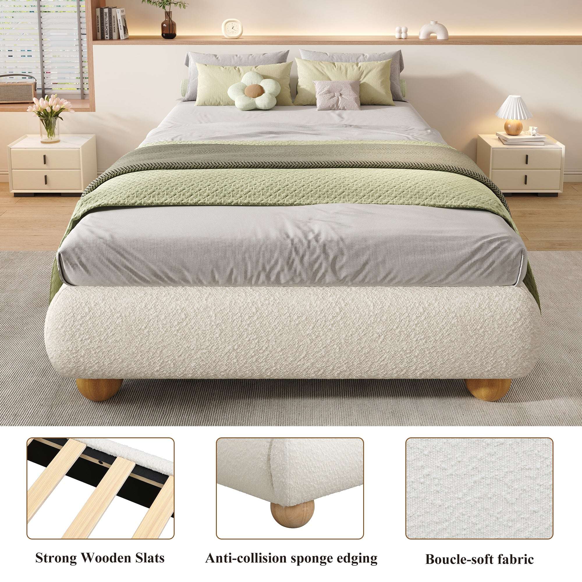 Boucle Upholstered Single Bed — Beige | Premium Home Decor | OFIA HOME