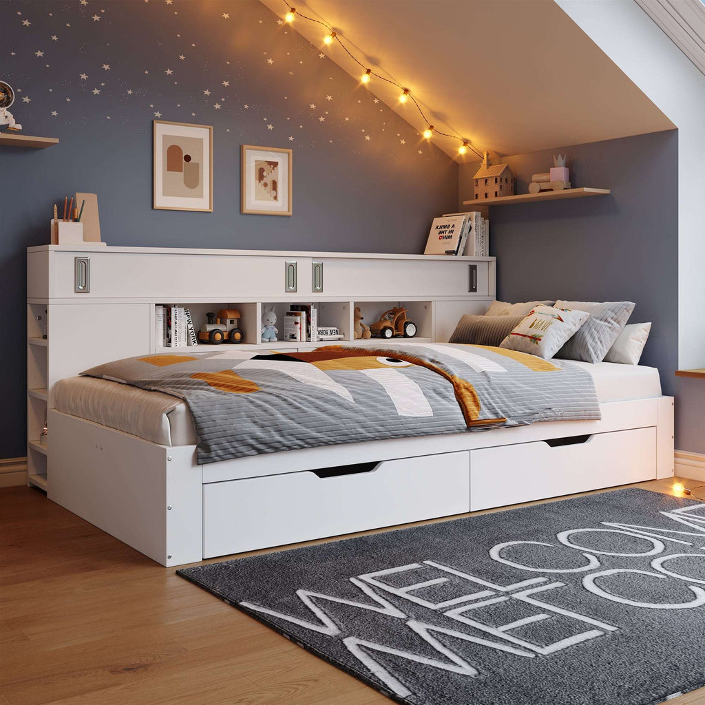 White Storage Daybed | Double Sofa Bed with Drawers & Shelves | 4ft6 | Premium Home Decor | OFIA HOME