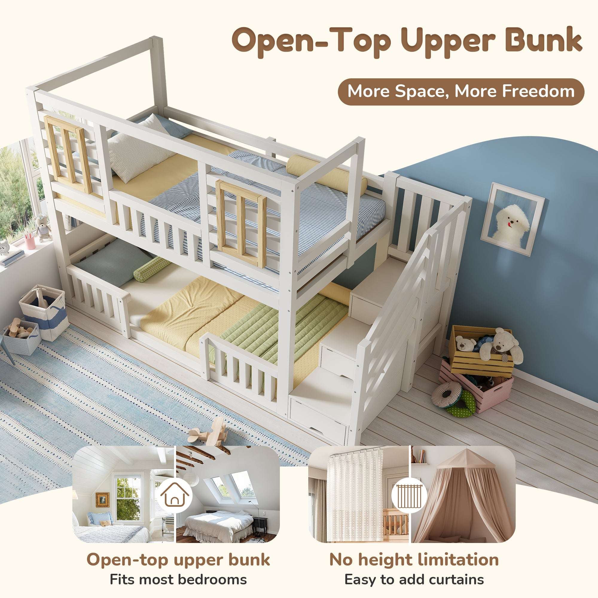 Children's House Bunk Bed | Solid Wood with Staircase Storage | Twin Sleeper 3ft | White | Premium Home Decor | OFIA HOME