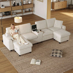 Beige Corduroy U-Shape Sectional Sofa | USB Charging | 4 Seater | Premium Home Decor | OFIA HOME