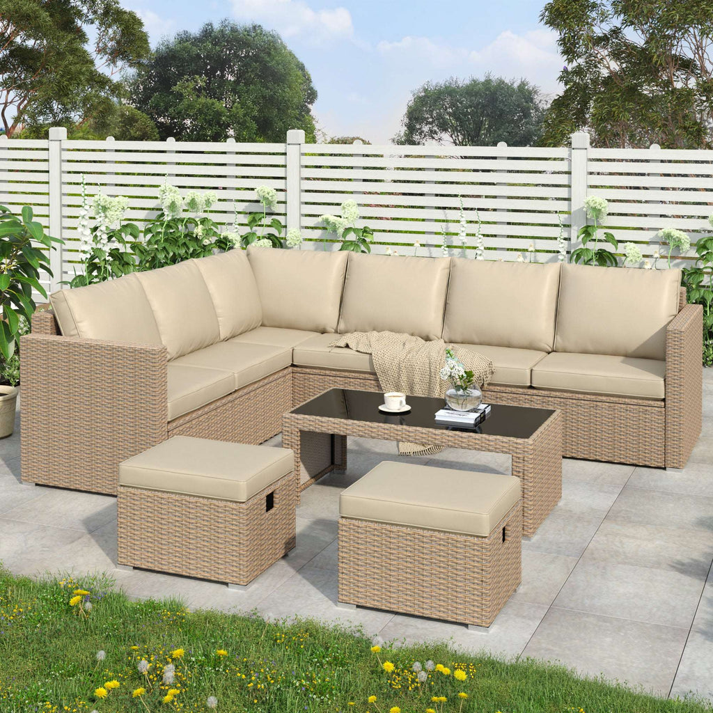 Khaki Rattan Corner Garden Sofa Set with Coffee Table & Stools | Premium Home Decor | OFIA HOME