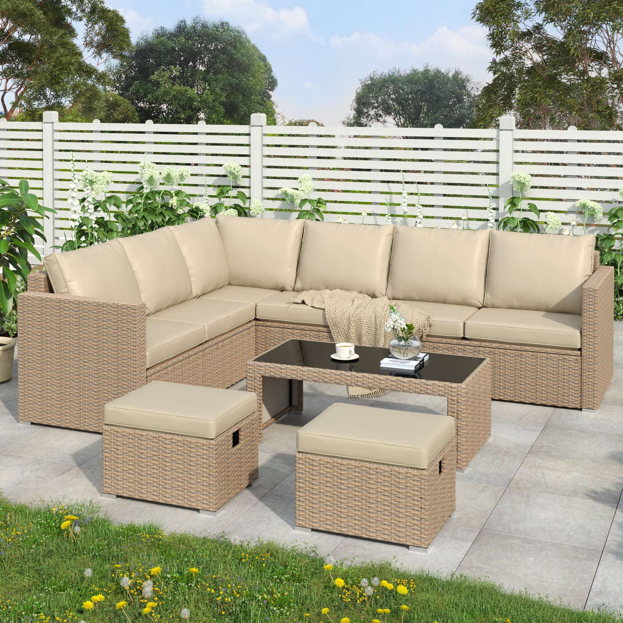 Khaki Rattan Corner Garden Sofa Set with Coffee Table & Stools | Premium Home Decor | OFIA HOME