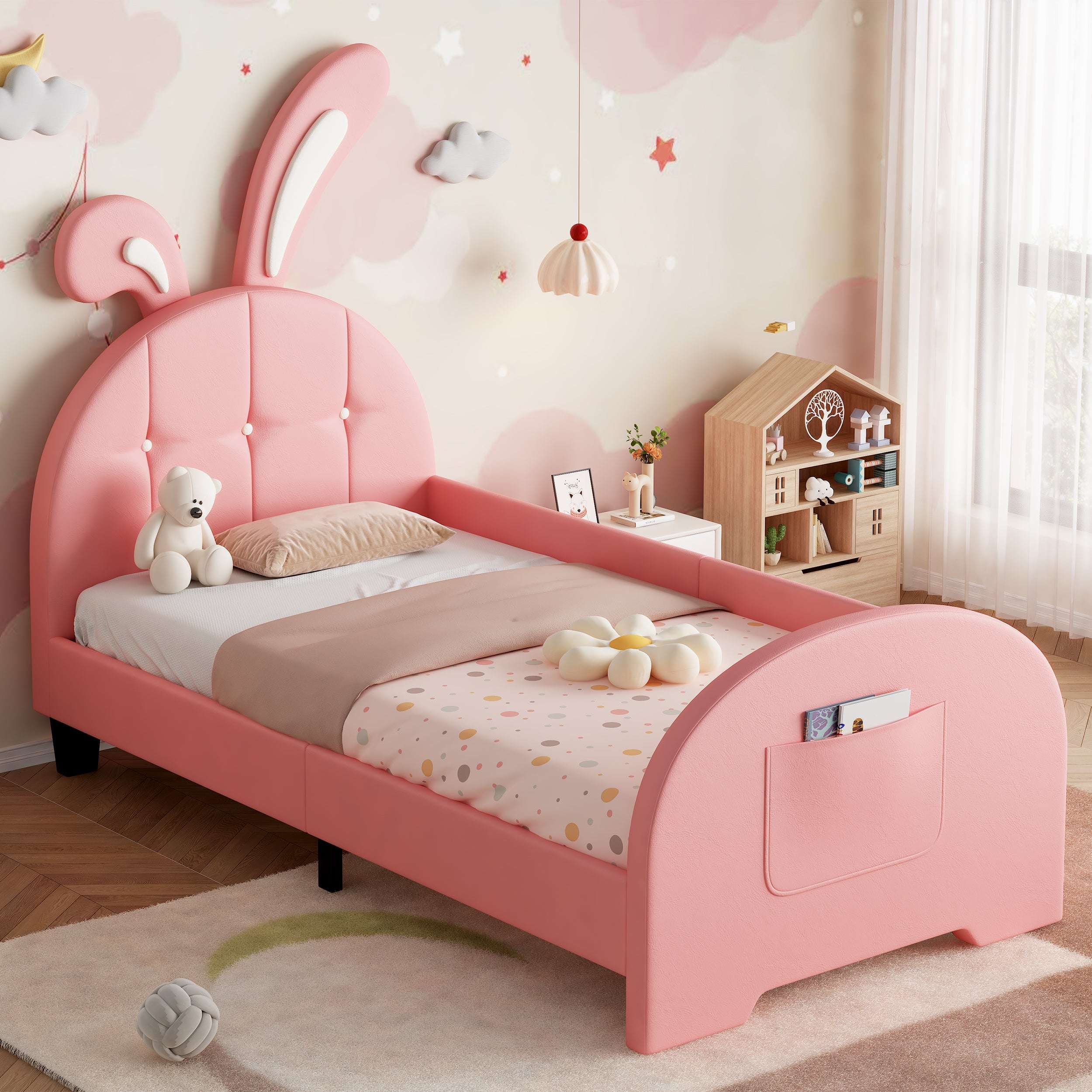 Pink Rabbit Single Bed | Bunny Ear Headboard & Footboard Pocket | Premium Home Decor | OFIA HOME