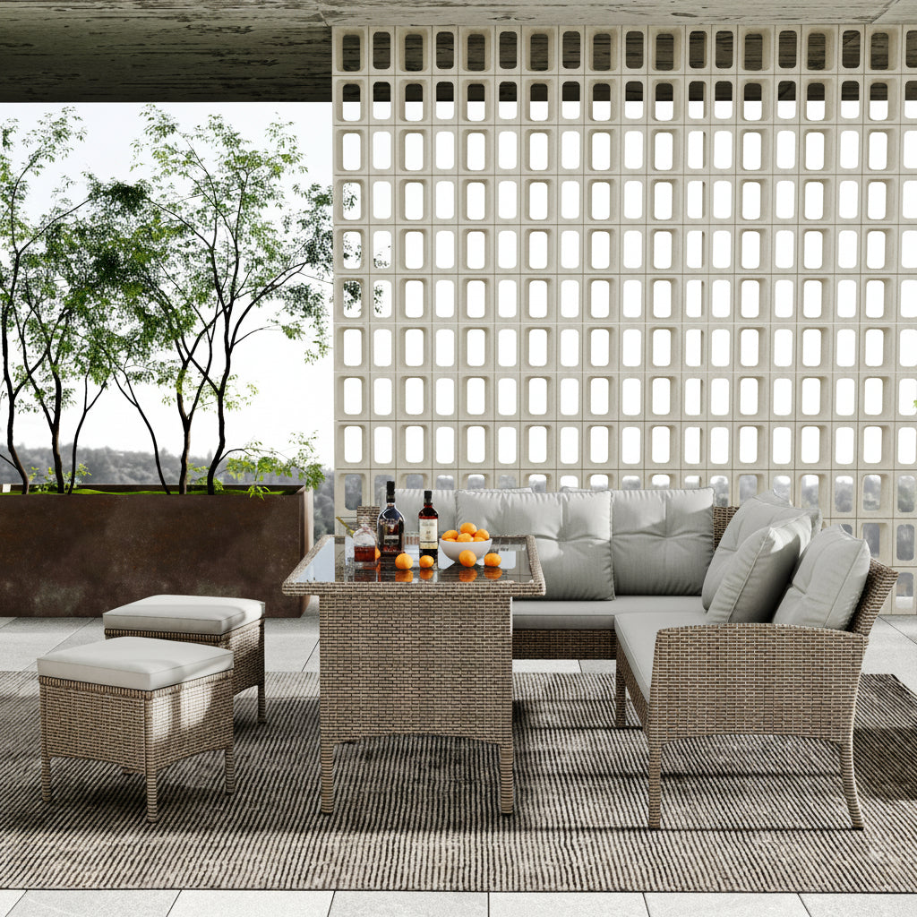 6-7 Seater Rattan Corner Garden Sofa Set | Khaki Wicker with Light Grey Cushions | Table & Stool Included | Premium Home Decor | OFIA HOME