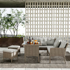 6-7 Seater Rattan Corner Garden Sofa Set | Khaki Wicker with Light Grey Cushions | Table & Stool Included | Premium Home Decor | OFIA HOME
